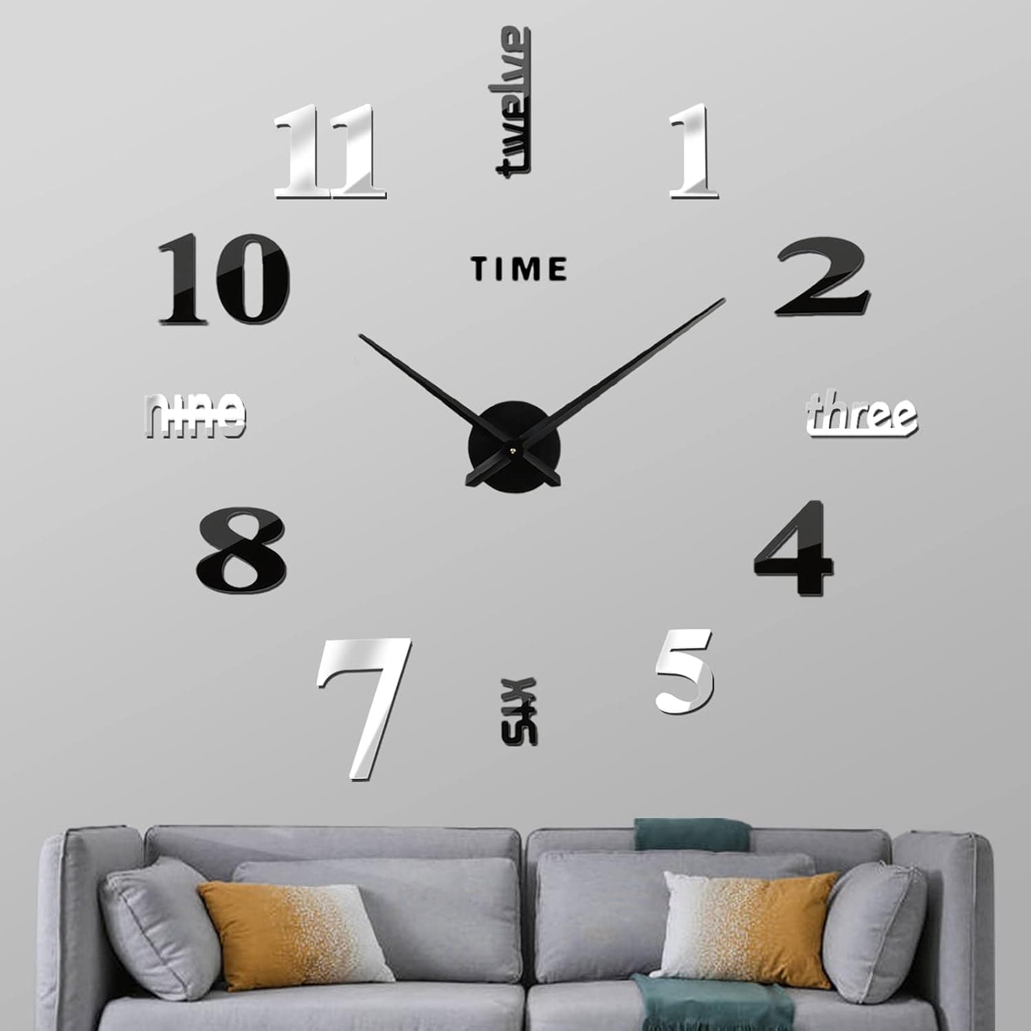 VREAONE Wall Clock for Living Room Decor,Large Modern 3D Mirror Wall Clock Decor Sticker DIY Clock kit for Home Living Room Bedroom Office Wall Decorations