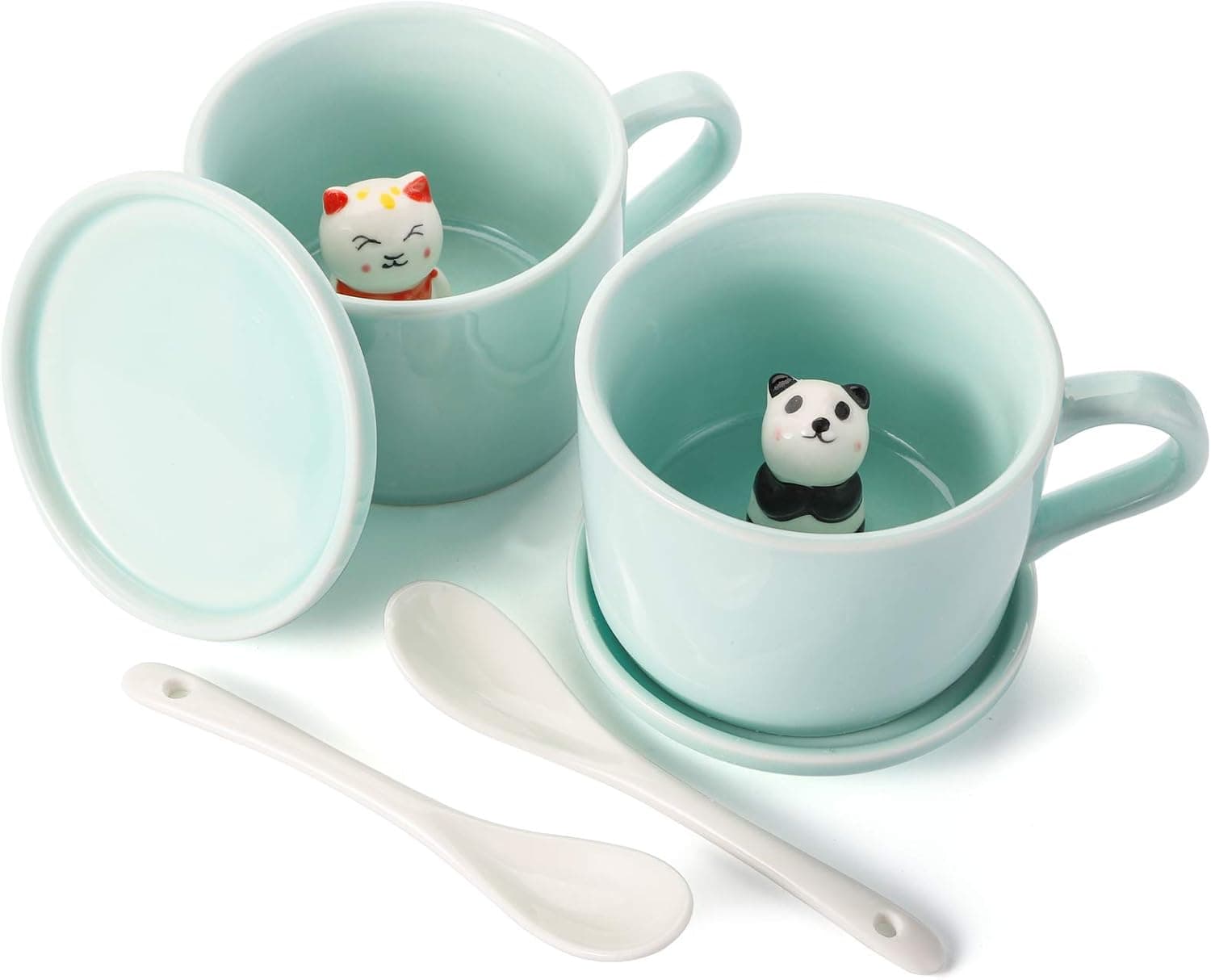 Yopay 2 Pack 3D Mug Animal Inside Cups, 8 oz Cute Cartoon Teacup with Spoons and Lids, Ceramic Figurine Mugs Christmas Birthday Gift for Boys Girls Kids Women Men Coffee Mug
