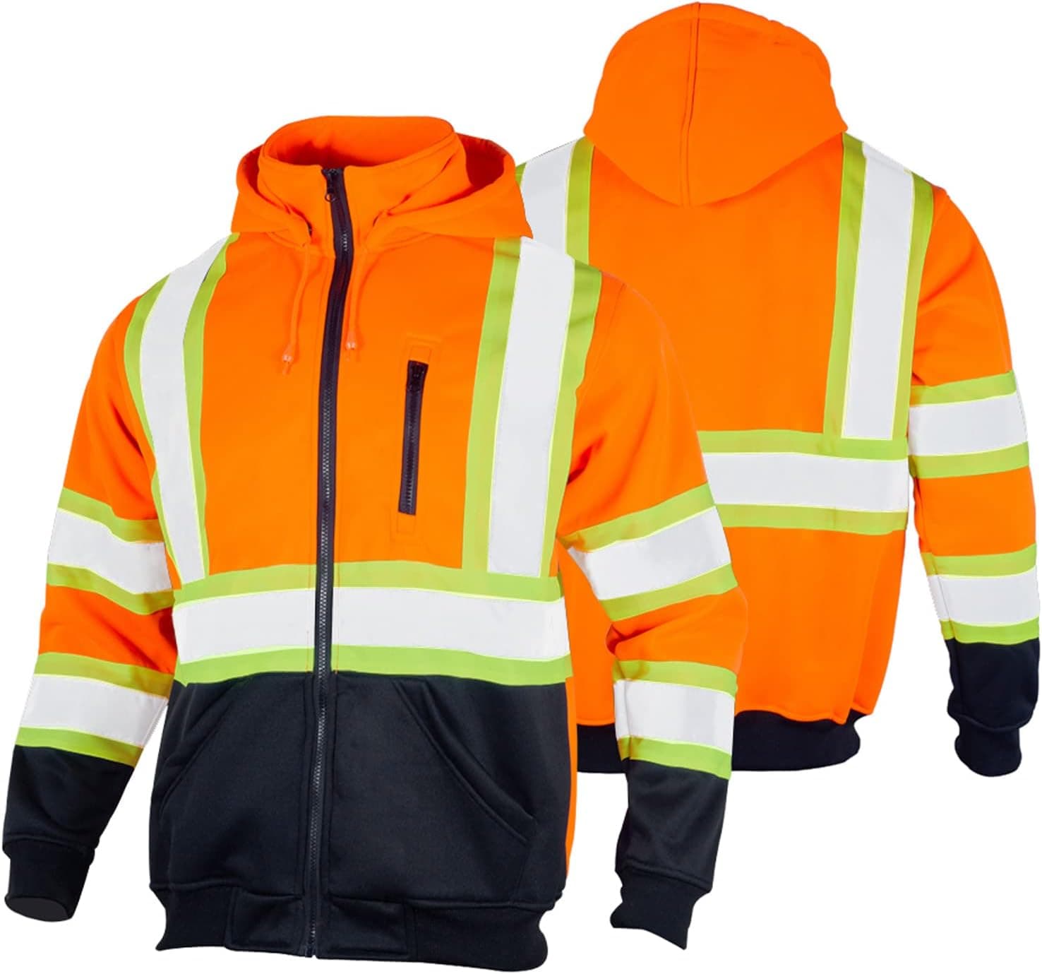 FONIRRA Hi Vis Safety Fleece Zip Hoodie for Men Reflective Sweatshirts ANSI Class 3 Jackets Detachable Hood (Orange,XL)