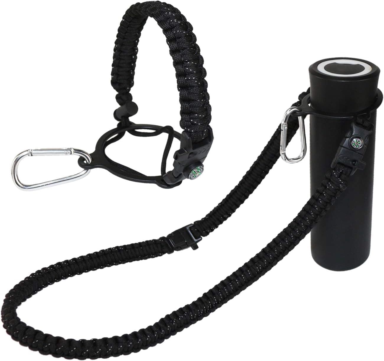 Paracord Handle Carrier Holder with Shoulder Strap for Wide Mouth Hydro Flask Water Bottles with Shoulder Strap w/Compass, Safety Ring/Carabiner Fits Any Wide Mouth Bottle Brand 12oz-64oz (Black)