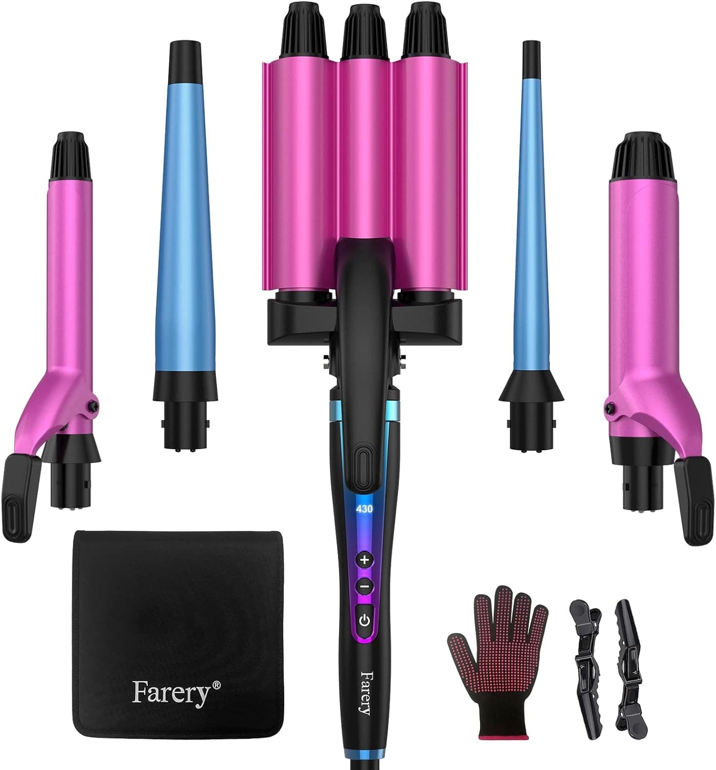 FARERY 5 in 1 Wand Curling Iron Set (0.35-1.5 inch) with 3 Barrel Beach Waves Curling Iron, 5 Adjustable Temp Crimper Hair Iron with Keratin&Argan Oil Infused, Dual Voltage Hair Waver, Storage Bag