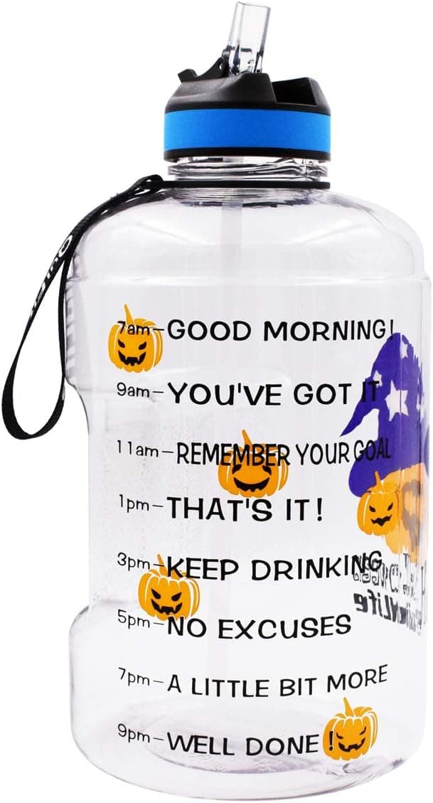 QuiFit Gallon Water Bottle with Straw and Motivational Time Marker BPA Free Easy Sipping 128/73/43 oz Large Reusable Sport Water Jug for Fitness and Outdoor Enthusiasts (Halloween,1 Gallon)