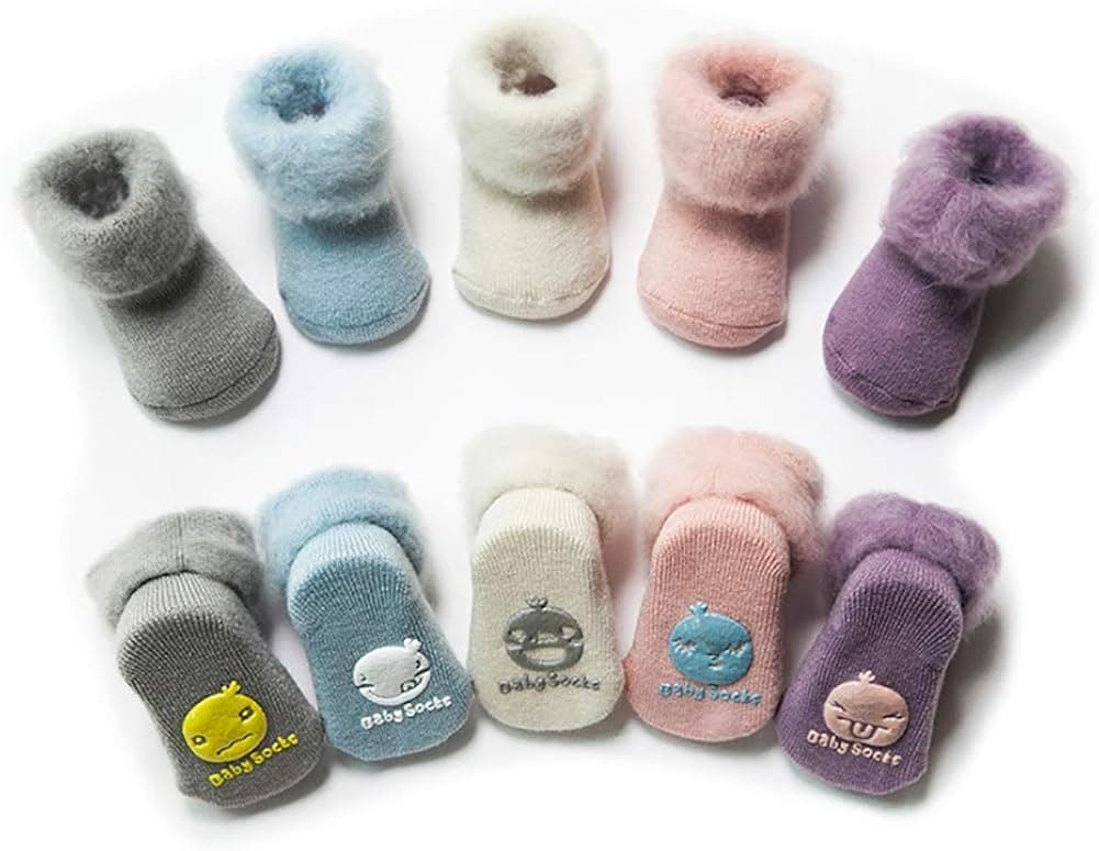 DoMii Baby Boy Girl Winter Thick Fur Cozy Socks Toddler Anti-Slip Cuff Ankle Socks 5-Pack
