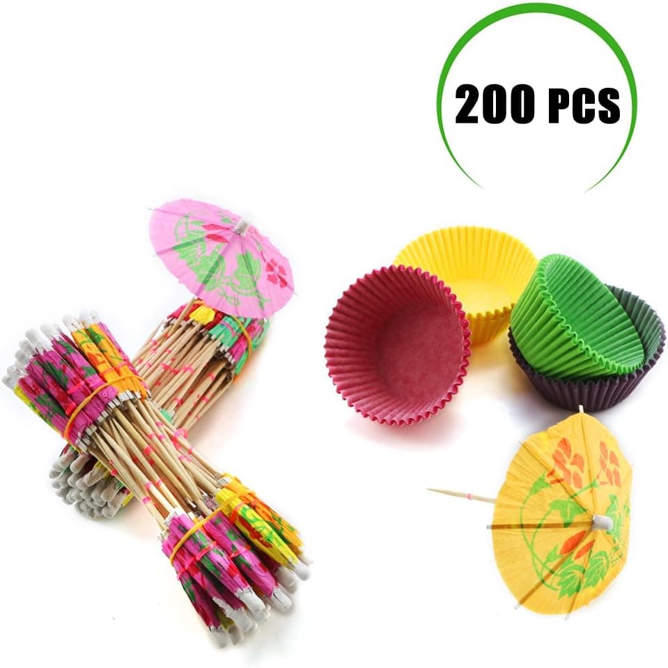 Weoxpr 200 Pcs Multicolor Umbrella Parasol Cupcake Toppers and Cupcake Liners for Summer Party, Family Party