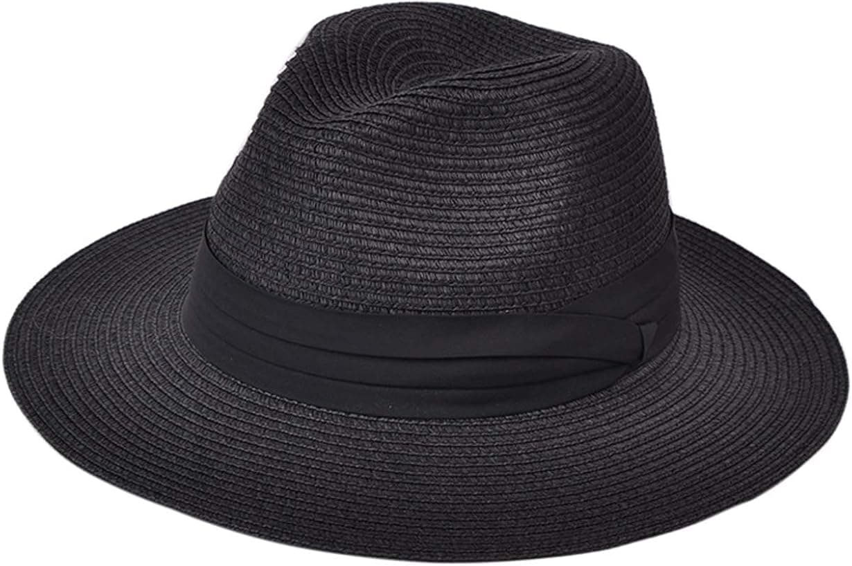 Lanzom Women Wide Brim Straw Panama Roll up Hat Fedora Beach Sun Hat UPF50+ (Black 1)