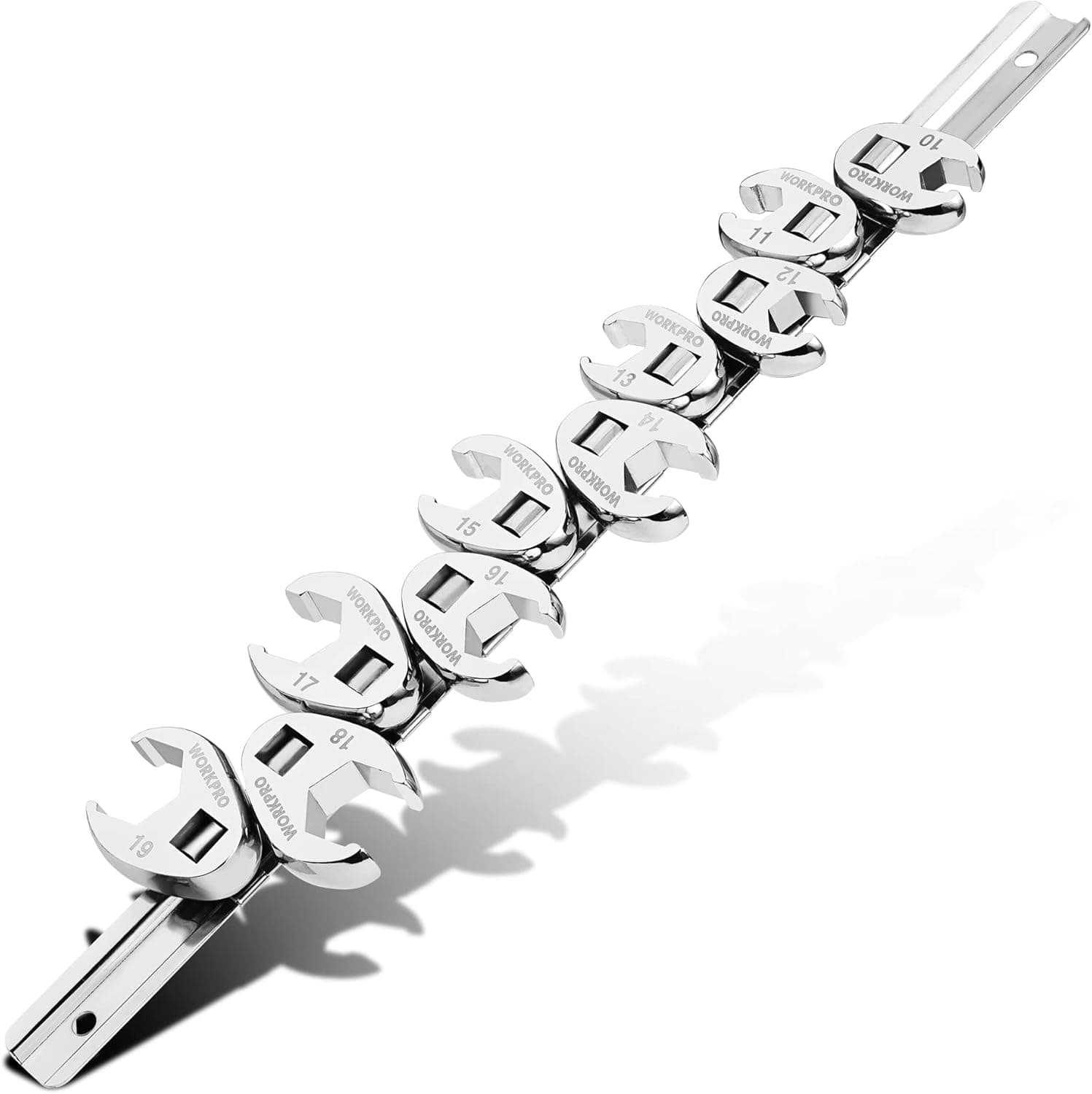WORKPRO 3/8" Drive Flare Nut Wrench Set, 10-piece Crowfoot Flare Nut Tool Kit, Metric 10-19mm, Steel Wrench With Storage Rail for Nut Removal