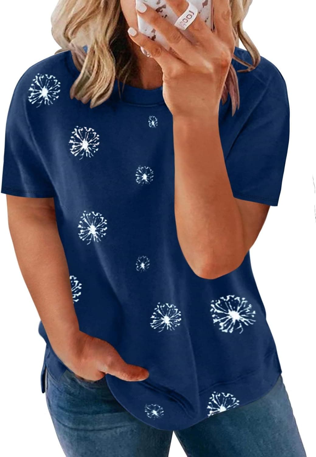 Happy Sailed Womens Plus Size Tops Summer Dandelion Printed Short Sleeve Crewneck Casual Loose Tunic Tops,1X Blue