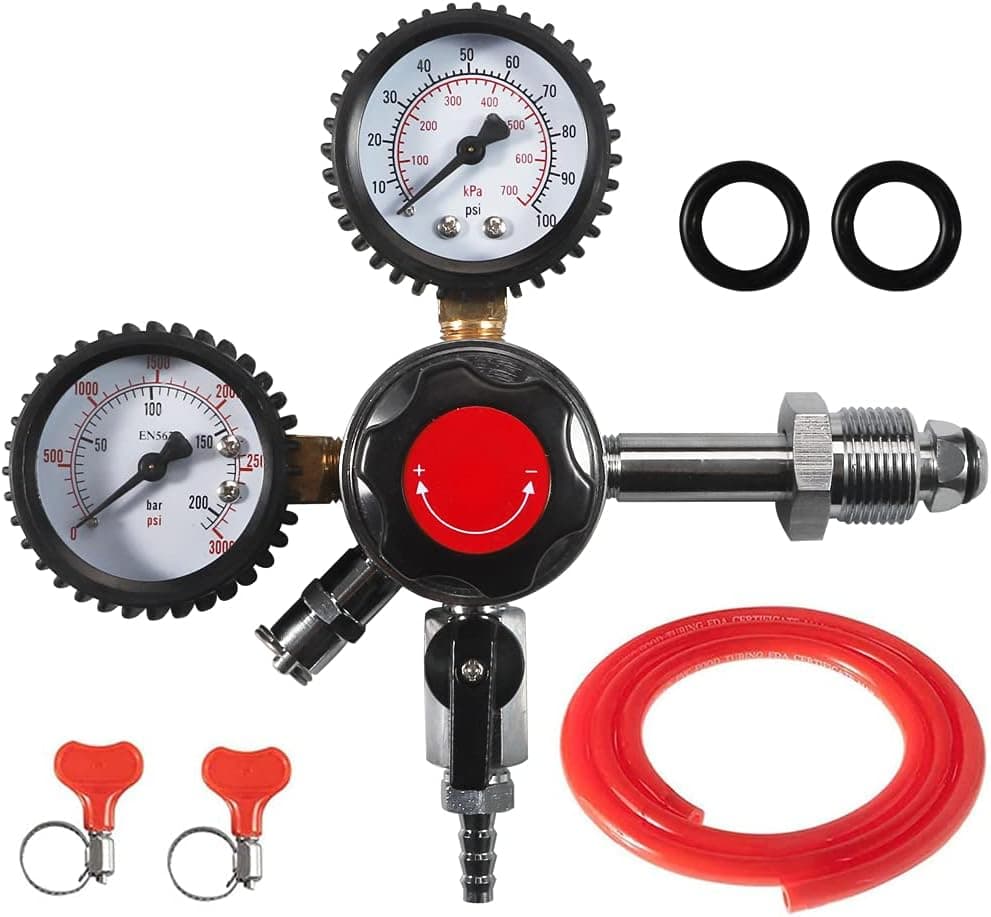 LUCKEG CGA580 Nitrogen Beer Regulator Dual Gauge Gas Air Pressure Regulator with 0-100 PSI Delivery Pressure Premium Double Gauge Nitrogen Keg Regulator with 5ft Gas Line and Free Worm Clamps
