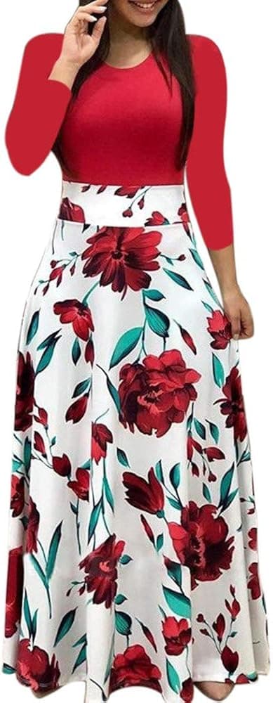 Womens Long & Short Sleeve Maxi Dress Floral Boho Print Casual Crewneck Tunic Dress Long High Waist Elastic Beach Dress