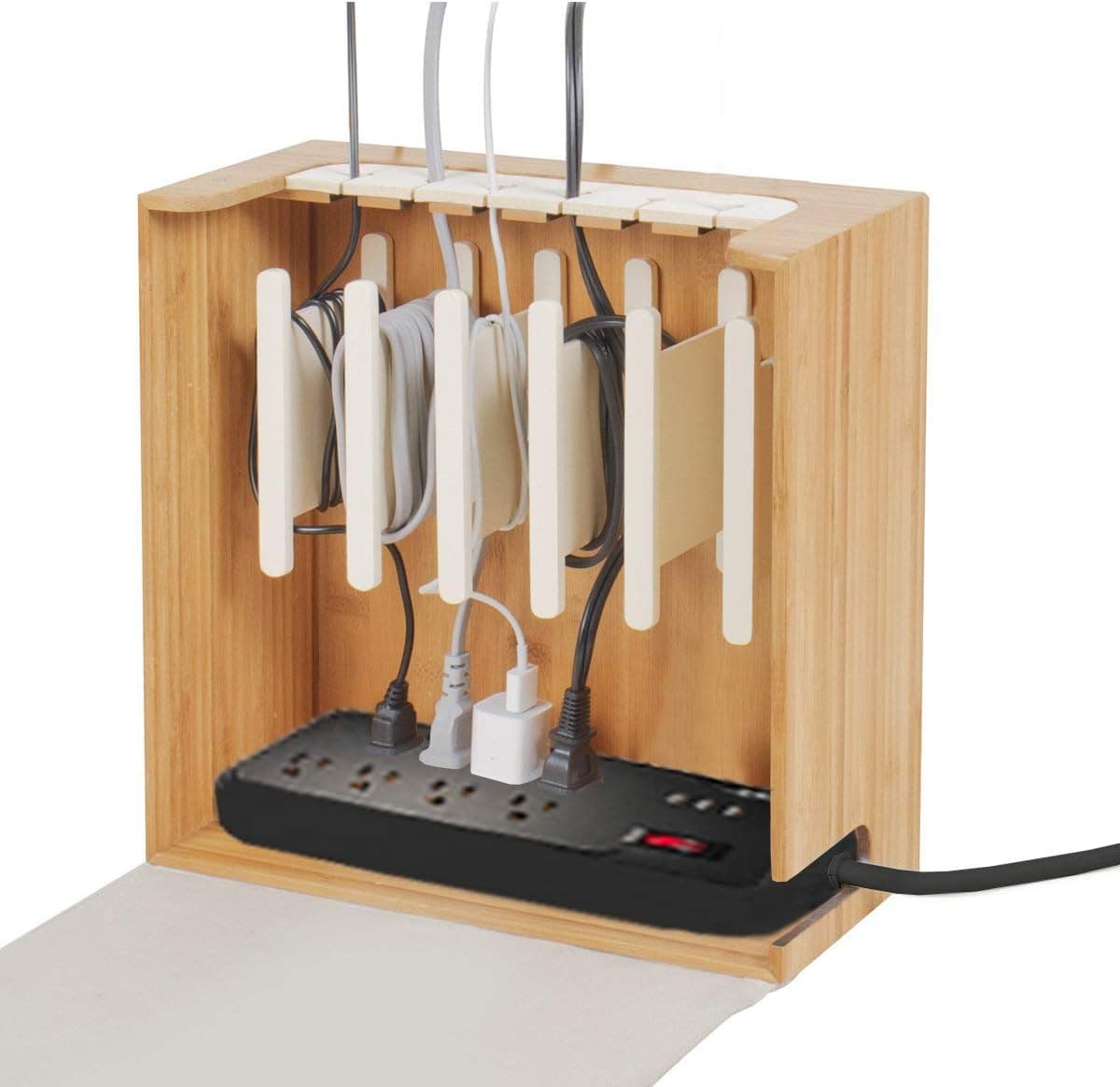 G.U.S. Cord Corral and Cable Organizer with 6-Magnetically Secured Cord Spindles -Zen Collection, Made of Eco-Friendly Bamboo with 8 A/C + 3-Port USB Power Strip