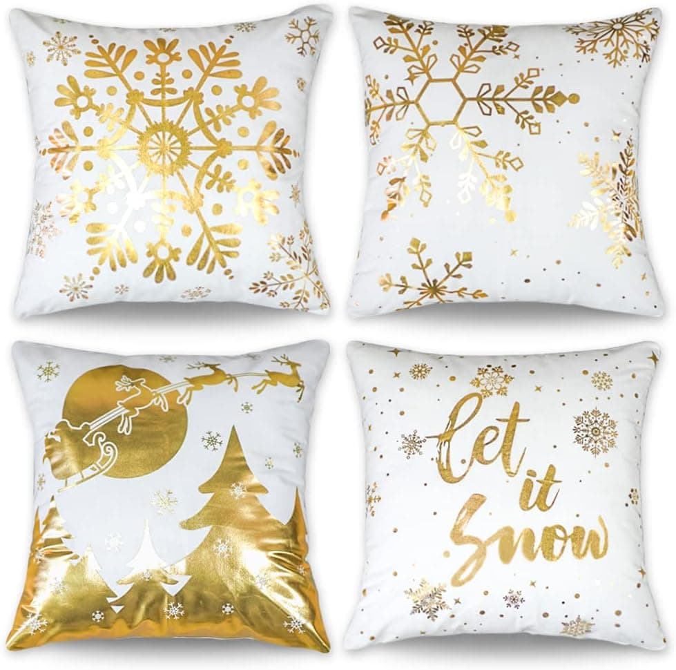 JOJOGOGO Christmas Decorations Gold and White Christmas Pillow Covers 18x18 Set of 4 Snowflake Decorative Throw Pillows Let It Snow Winter Gold Christmas Decor for Tree Couch Bedding and Living Room