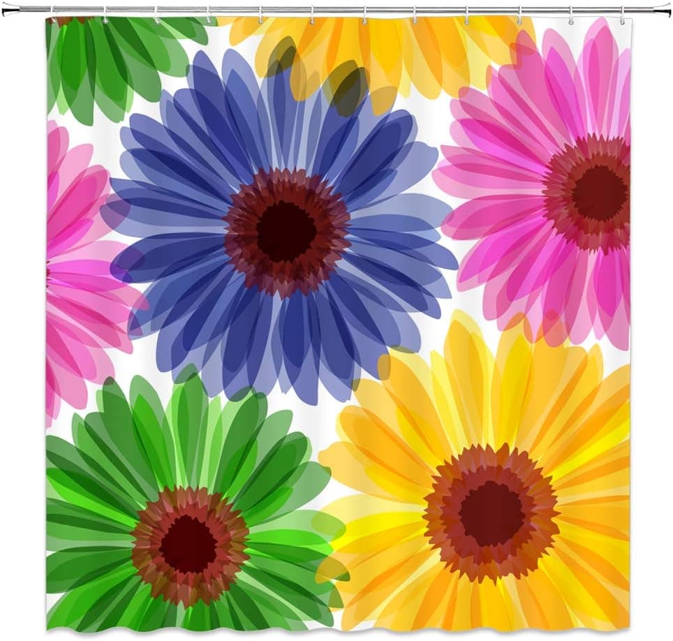 BCNEW Daisy Flower Shower Curtain Colorful Floral Pink Yellow Blue Green Bathroom Curtain Polyester Fabric Machine Washable with Hooks 70x70 Inches …