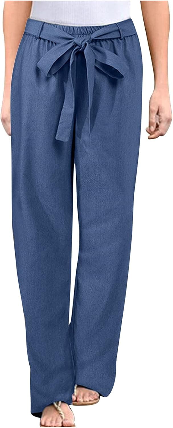 WANGPU Linen Pants for Women 2022 Golf Pants Stretch Lightweight Cotton Linen Wide Leg Summer Pant Elastic Drawstring Trouser