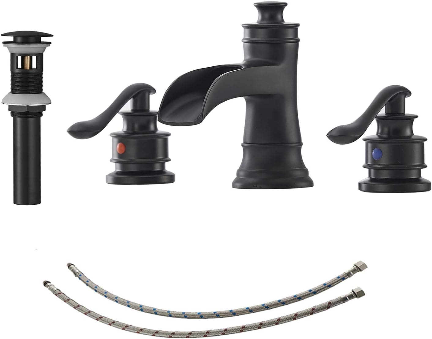 Black Bathroom Faucet Widespread Bathroom Faucets for Sink 3 Hole Matte Black 8 Inch Two Handle Matching Pop Up Drain Stopper Waterfall Farmhouse Lavatory Water Supply Line Lead-Free by Bathfinesse