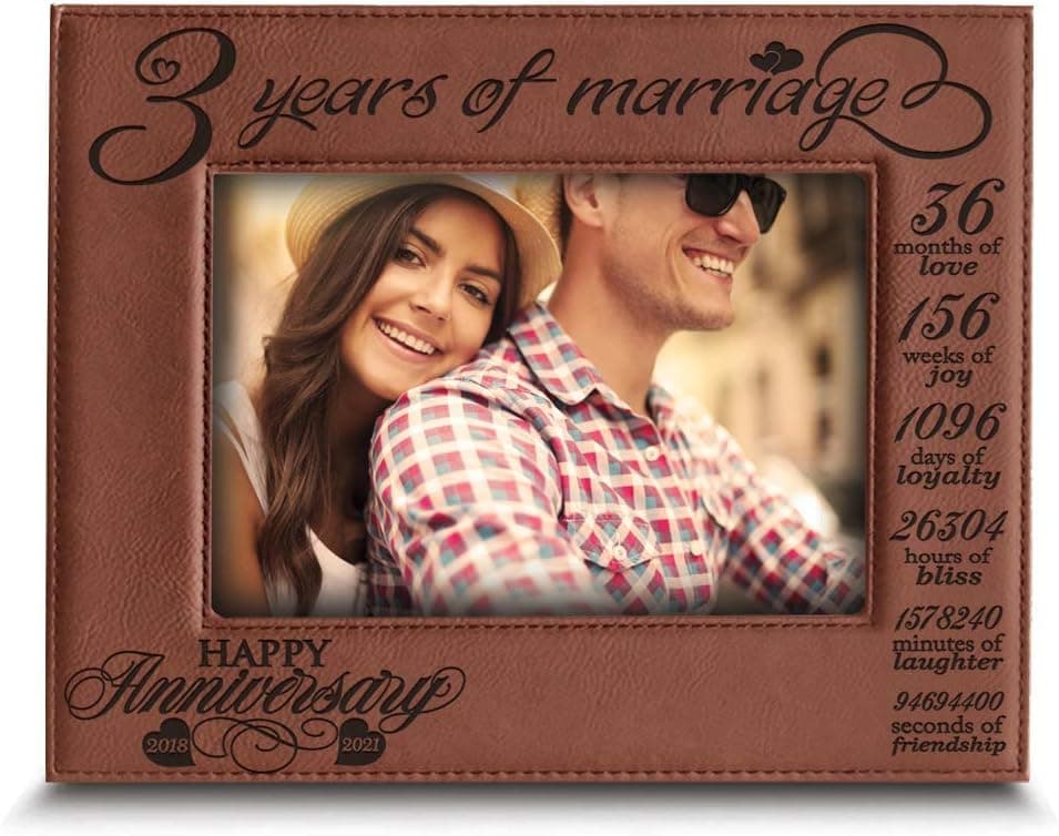 Bella Busta- 3 Years of Marriage-2018-2021- Years, Months, Weeks, Days, Hours, Weeks, Minutes, Seconds- Engraved Leather Picture Frame (4 x 6 Horizontal (2018-2021))