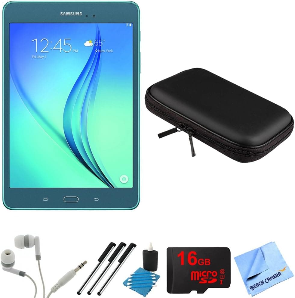 SAMSUNG Galaxy Tab A 8-Inch 16 GB Tablet, Smoky Blue Bundle with 16GB Micro SD Memory Card, Headphones, Case, 3 Stylus Pens, Lens Cleaning Kit and Micro Fiber Cloth