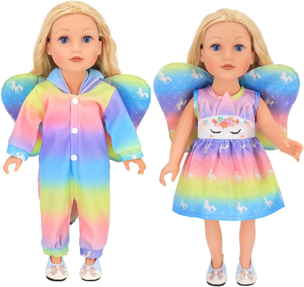 DC-BEAUTIFUL 2 Set Rainbow Angel Series Doll Unicorn Clothes for 18 Inch Baby Dolls,Unicorn Doll Onesies Pajama and Sleeveless Dress Unicorn Doll Outfits Costumes
