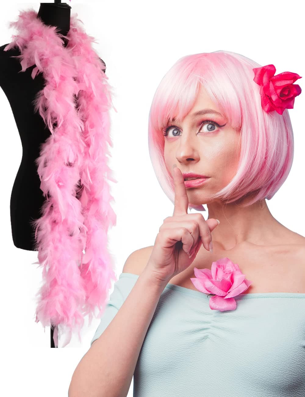 MIUSKATL Wig and Pink Boa 12 Inch Pastel Pink Wig Light Pink Wigs for Women Light Pink Bob Wig Light Pink Wig with Bangs Short Light Pink Wig Costume Cosplay Party Wig Wigs for Women(Light Pink)