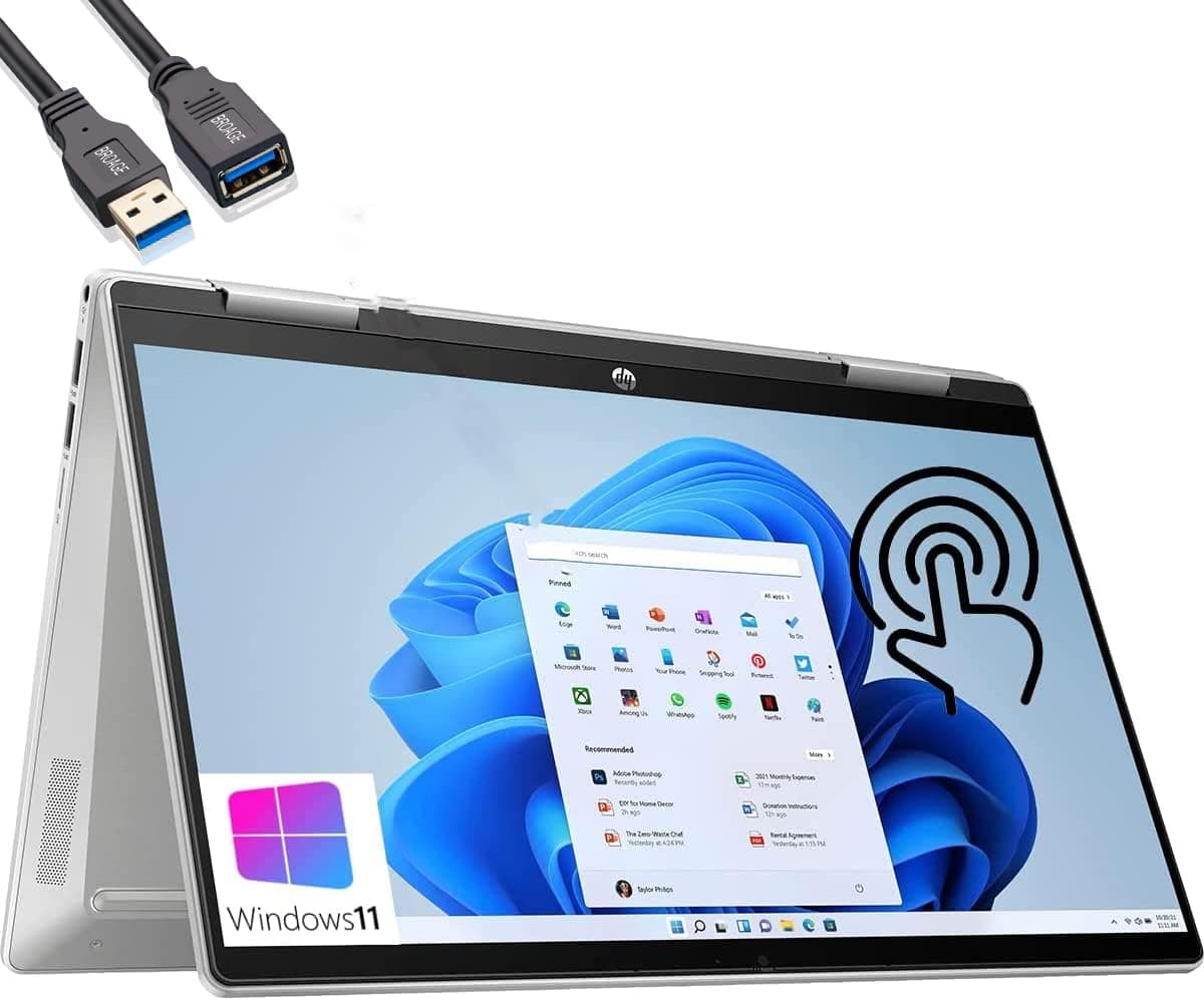 HP 2023 Pavilion x360 14" FHD Touchscreen 2-in-1 Laptop, 12th Gen Intel 10-Core i5-1235U (Beat i7-1195G7), 8GB DDR4 RAM, 1TB PCIe SSD, WiFi 6, Backlit KB, FR, Windows 11, BROAG Extension Cable