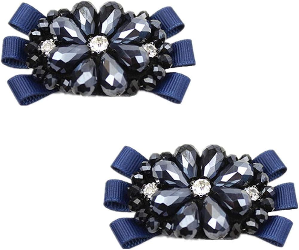 2Pcs Grosgrain Ribbon Handmade Beaded Rhinestone Crystal Bowknot Shoe Buckle Bridal Wedding Party Fashion Wild Removable Flower Shoe Clips (Navy Blue)