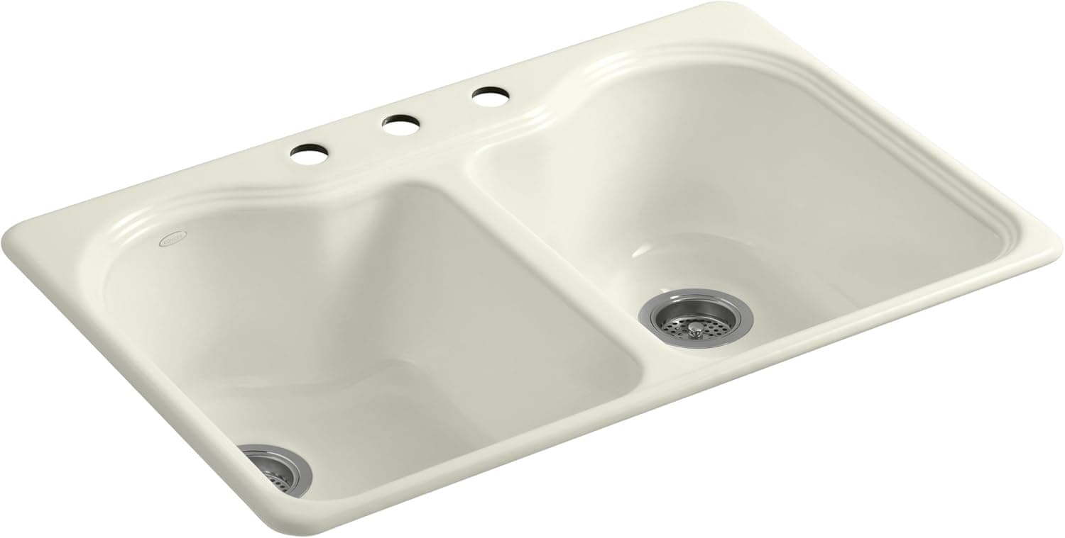 Kohler K-5818-3-96 Hartland Self-Rimming Kitchen Sink with Three-Hole Faucet Drilling, Biscuit