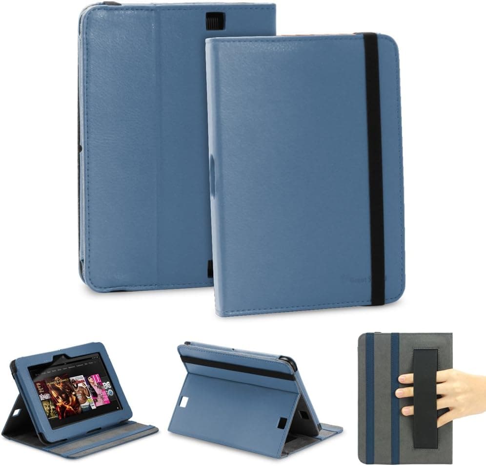 GreatShield TOME Series Slim Fit Leather Folio Case with Multi Angle Stand & Hand Strap and Sleep Wake Function for Amazon Kindle Fire HD 7" Inch (1st Generation, 2012) - Blue