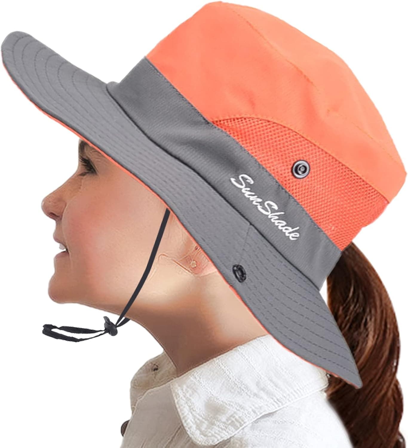 Peicees Ponytail Hat Kids Girls Sun Hat Wide Brim UV Protection Summer Hat Beach Bucket Cap