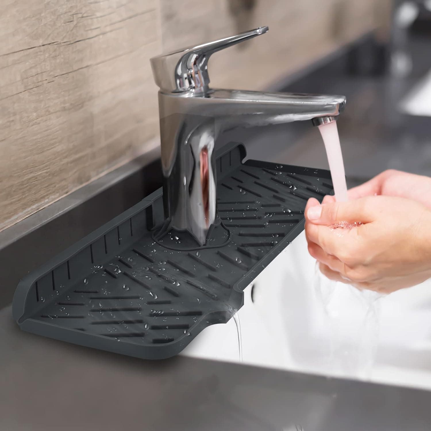 JUSTOGO Silicone Faucet Mat, Faucet Splash Catcher Sink Protector Accessory 15.7" x 5.5", Folding Sink Drip Catcher Mat for Kitchen Bathroom - Water Catcher Drip Protector Splash Countertop (1, Black)