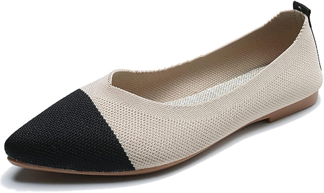 Husmeu Women's Pointed-Toe Ballet Flat Shoes Knit Classic Ballet Flats Walking Shoes Casual Formal Comfortable Slip-On Flat Shoes Leopard Khaki