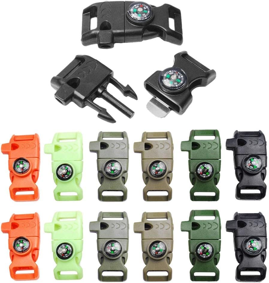 12pcs Pack Mix Colors 5/8" Compass Flint Scraper Fire Starter Whistle Buckle Plastic Paracord Bracelet Outdoor Camping Emergency Survival Travel Kits #FLC158-FWC(Mix-s)