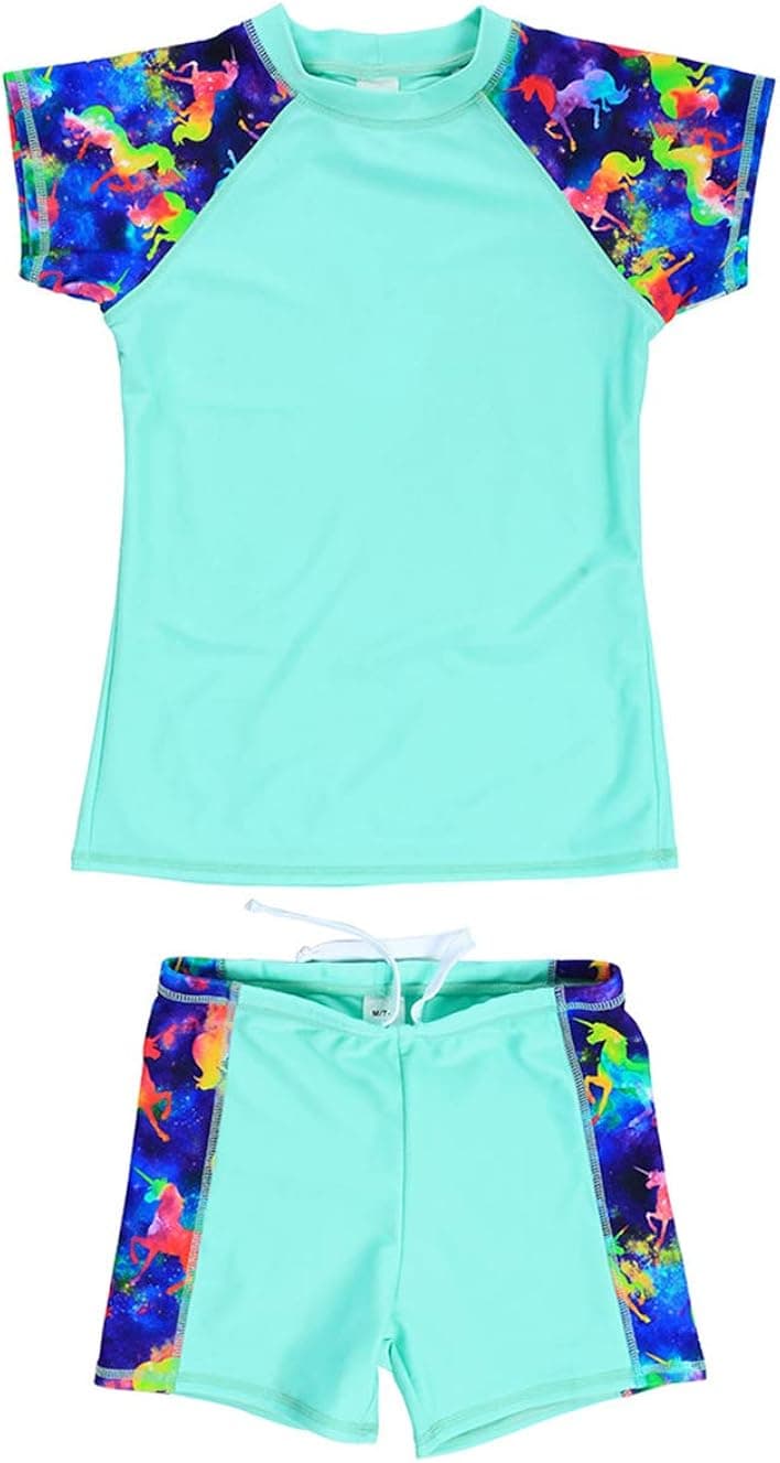 LEINASEN Girls 2-Piece Rash Guard Swimsuit, UPF 50+ Sun Protection Short Sleeves Top with Boyshorts, Size 4-16