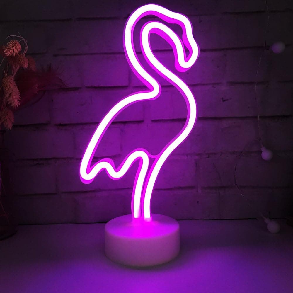 LED Flamingo Neon Light with Holder Base USB/Battery Powered Table Lamp for Party Birthday Bedroom Bedside Table Decoration Children Kids Gifts(Pink Flamingo Holder Base)