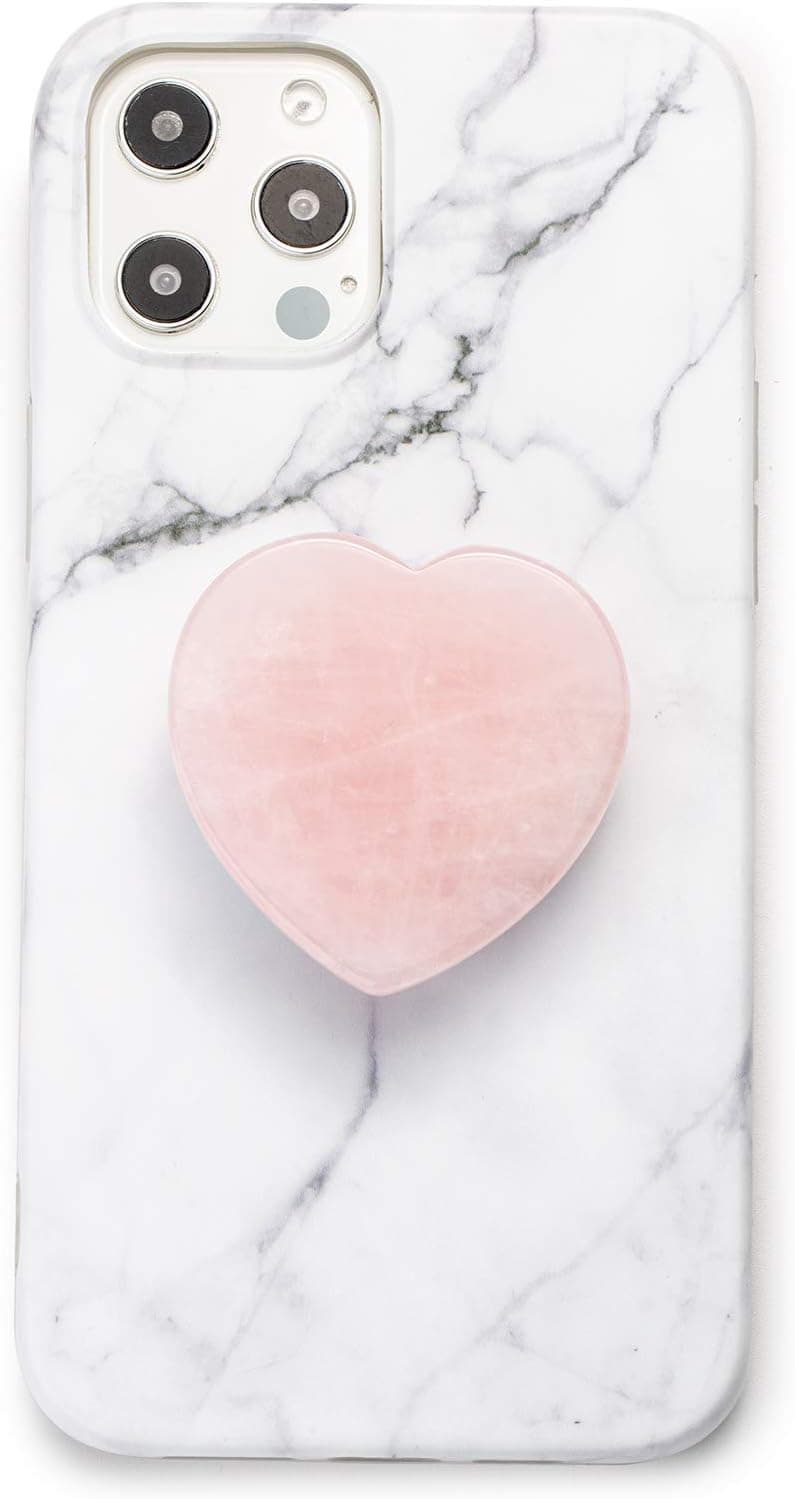 Matte Stone Natural Crystal Phone Grip Heart-Shaped Rose Quartz Collapsible Grip & Stand for Phones and Tablets (Heart-Shaped Rose Crystal/White Grip)