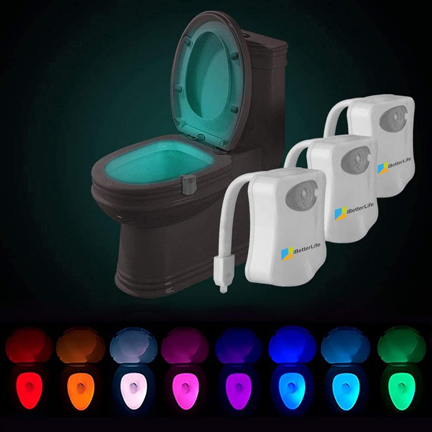 iBetterLife Toilet Light Motion Sensor 3 Pack, The Original Toilet Night Light Inside Toilet Glow Bowl Motion Activated LED 8 Colors, Light up Toilet Seat, Color Your Trip to Bathroom in The Midnight