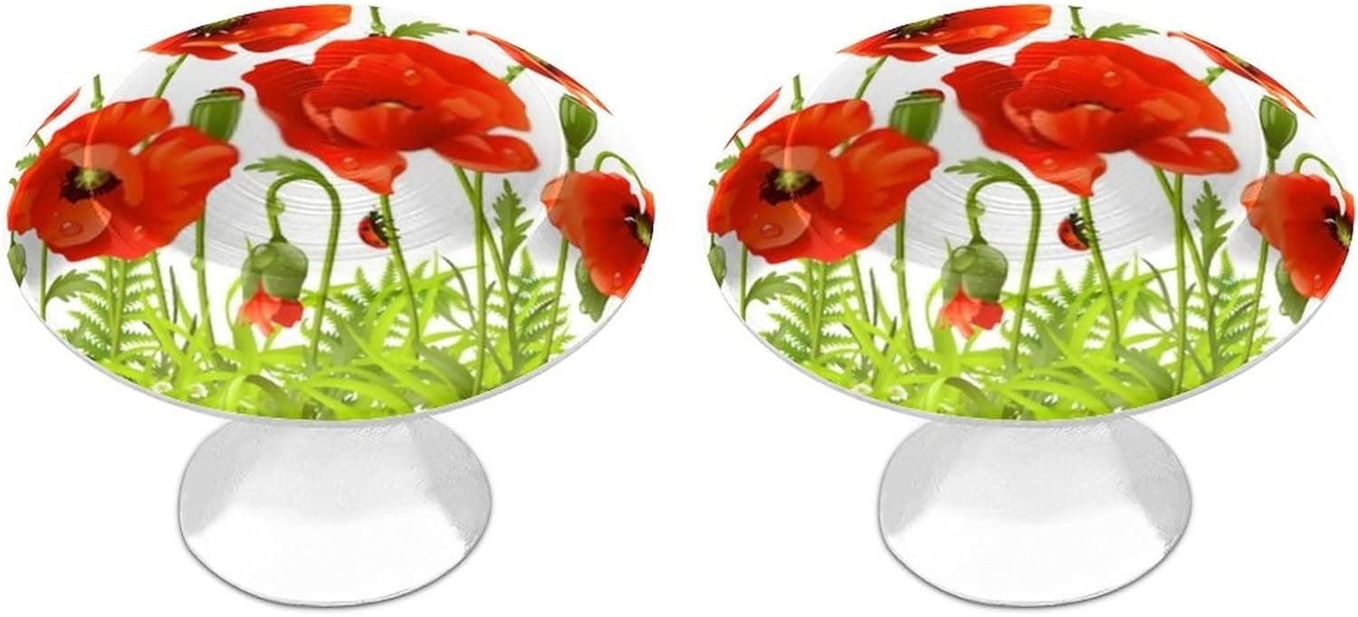 Red Flower and Green Grass 2 Packs Premium Modern Cabinet Knobs,Cabinet Door Knobs Drawer Pulls Decorative Colorful Dresser Knobs for Cupboard Closet Wardrobe