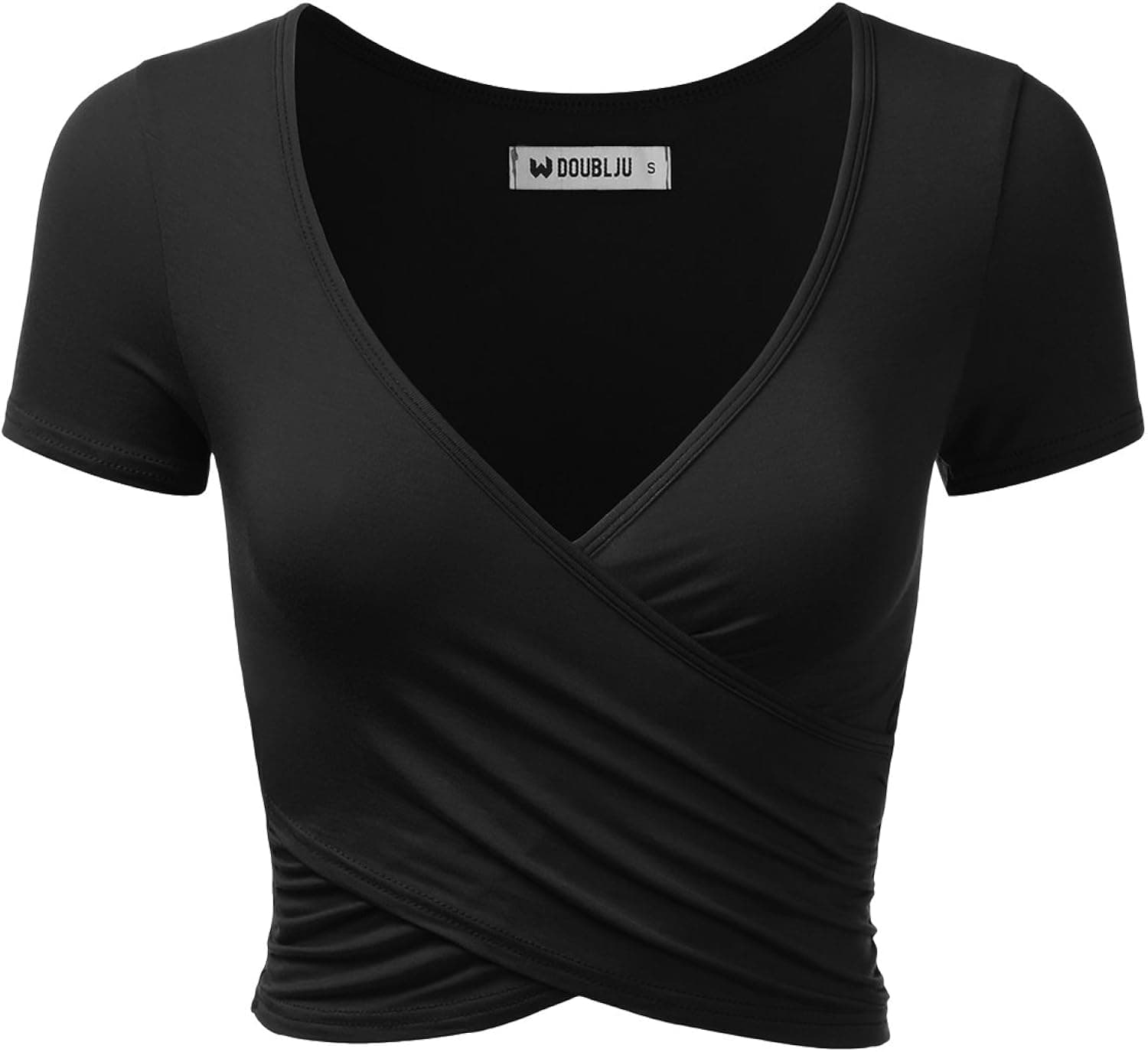 Doublju Deep V-Neck Fitted Surplice Wrap Crop Top for Women with Plus Size Black X-Small