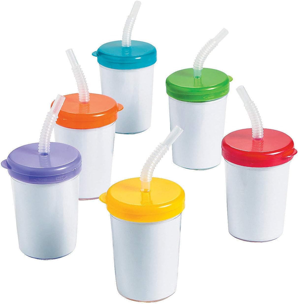 Fun Express DIY Cups with Lids and Straws for Kids - Set of 12 - Color Your own Craft Party Supplies