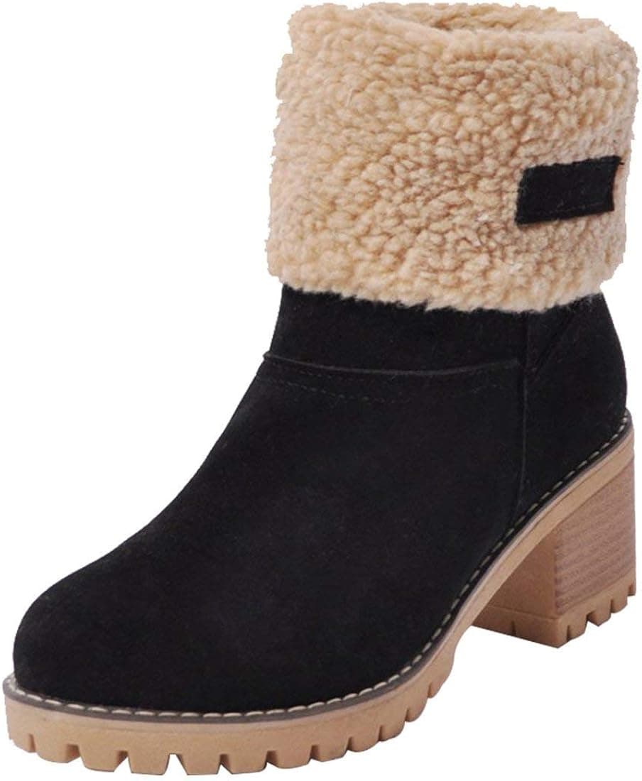 RUNSUN DAILY Winter Boots for Women Snow Work Hiking Boots Riding Ankle Mid Calf Platform Shoes Suede Fold Booties (Black, US 8)