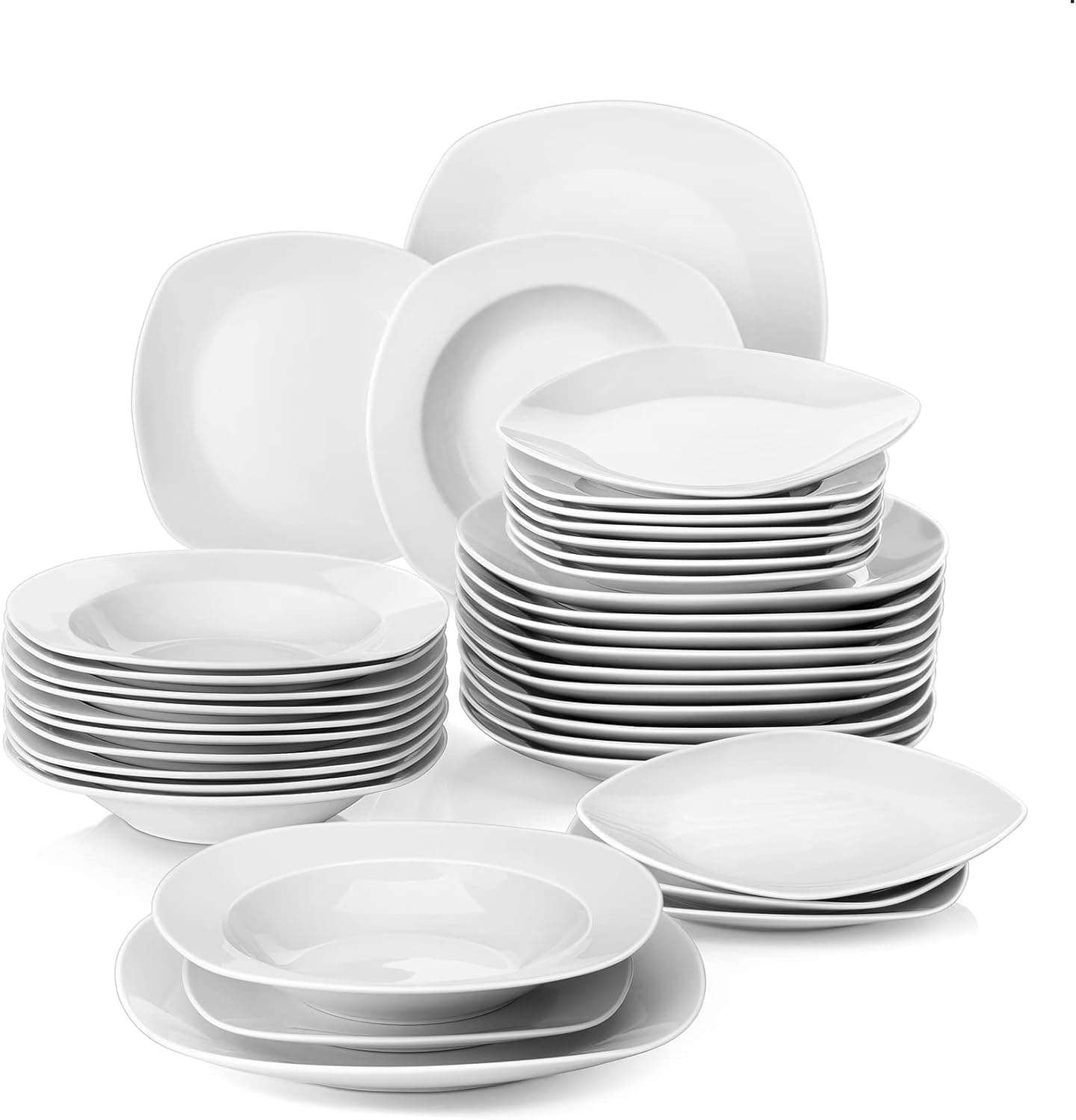 MALACASA Dish Set for 12, Gray White Plates and Bowls Sets, 36-Piece Porcelain Dinnerware Sets Miceowave Safe, Square Dishes with Dinner Plates, Dessert Plates and Soup Plates, Series Julia