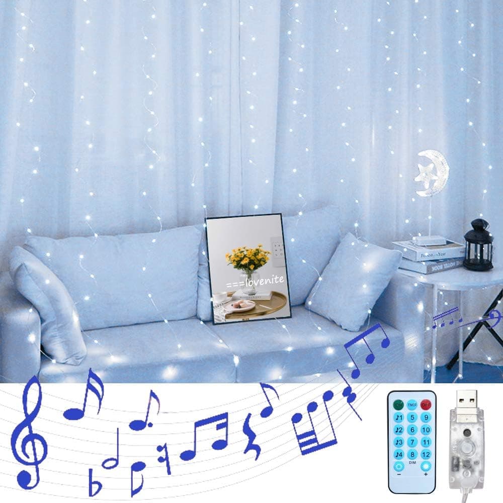 LoveNite Curtain String Lights with Voice Activated, 300 LED Window Music Fairy Lights String USB Powered Remote for Christmas Wedding Party Indoor Outdoor Home Decor (Cool White)