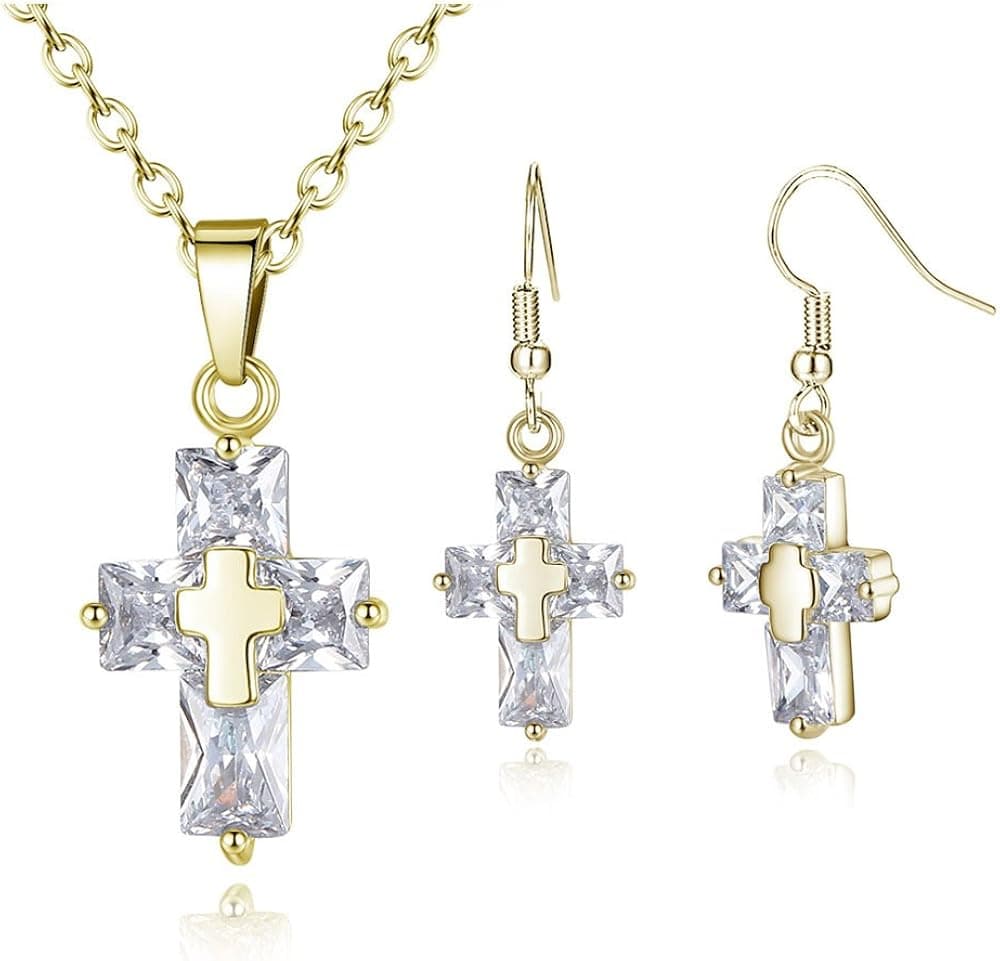 BONFASH Crystal Cross Necklace Earring Set Rose Gold/Gold/Silver Jewelry Set for Women Girls