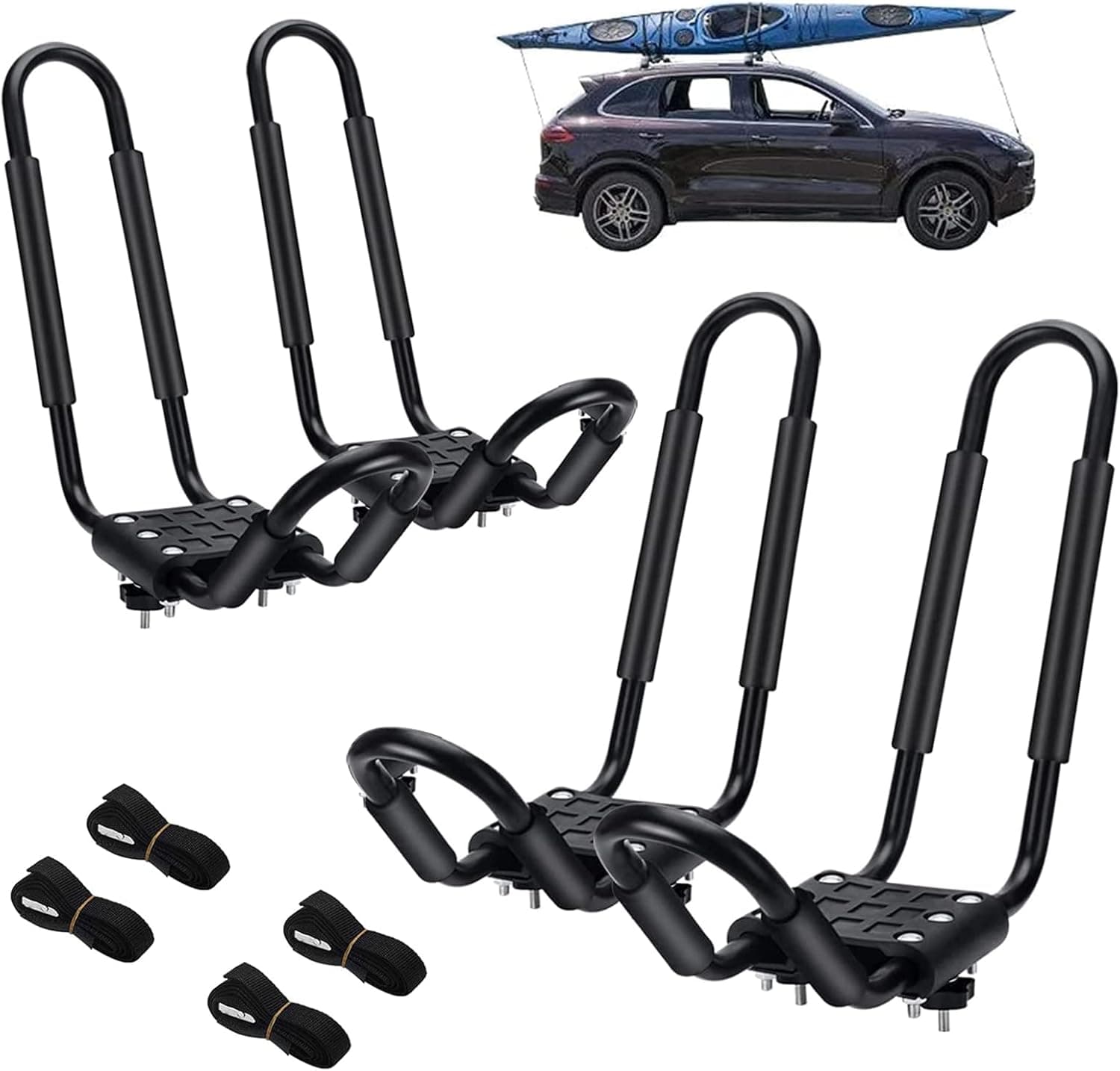 Asomer 2 Pairs Kayak Roof Rack, J Bar Kayak Carrier Racks for Canoe, SUV, Cars, Truck, Jeep Car Top Mount Racks for Trip with 4 Straps