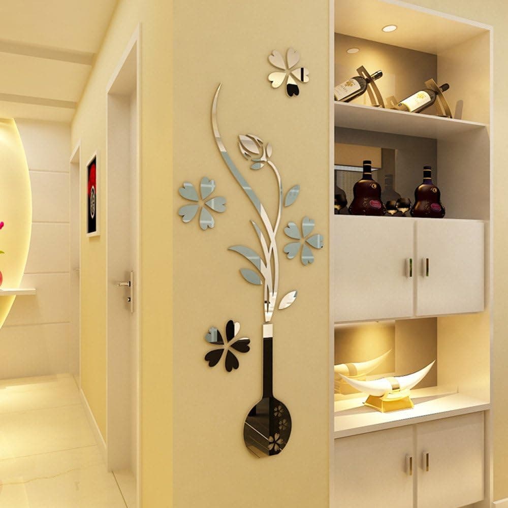 HEYING Mirror Flower Vase 3D Crystal Acrylic DIY Wall Stickers& Murals For Entranceway , Living Bedroom Dining Room Décor Home Decoration (15.75"39.37", Silver)
