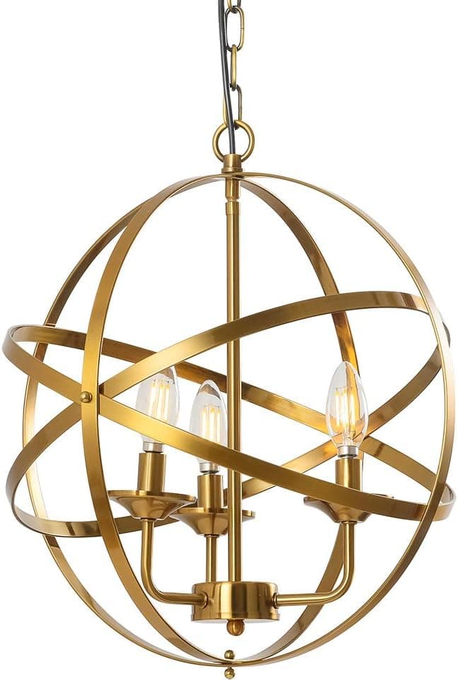 Popity home Rustic Industrial 3 Light Chandelier Hollow Out Metal Spherical Shade Brushed Gold Pendant Light, Hanging Pendant Lighting Fixture for Kitchen Island Dining Room Foyer Entryway