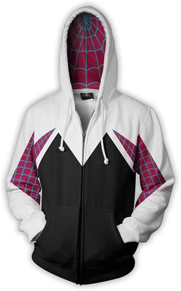Wsysnl Cos Spider Gwen Superhero 3D Style Zipper Hooded Sweatshirt/Unisex Adult