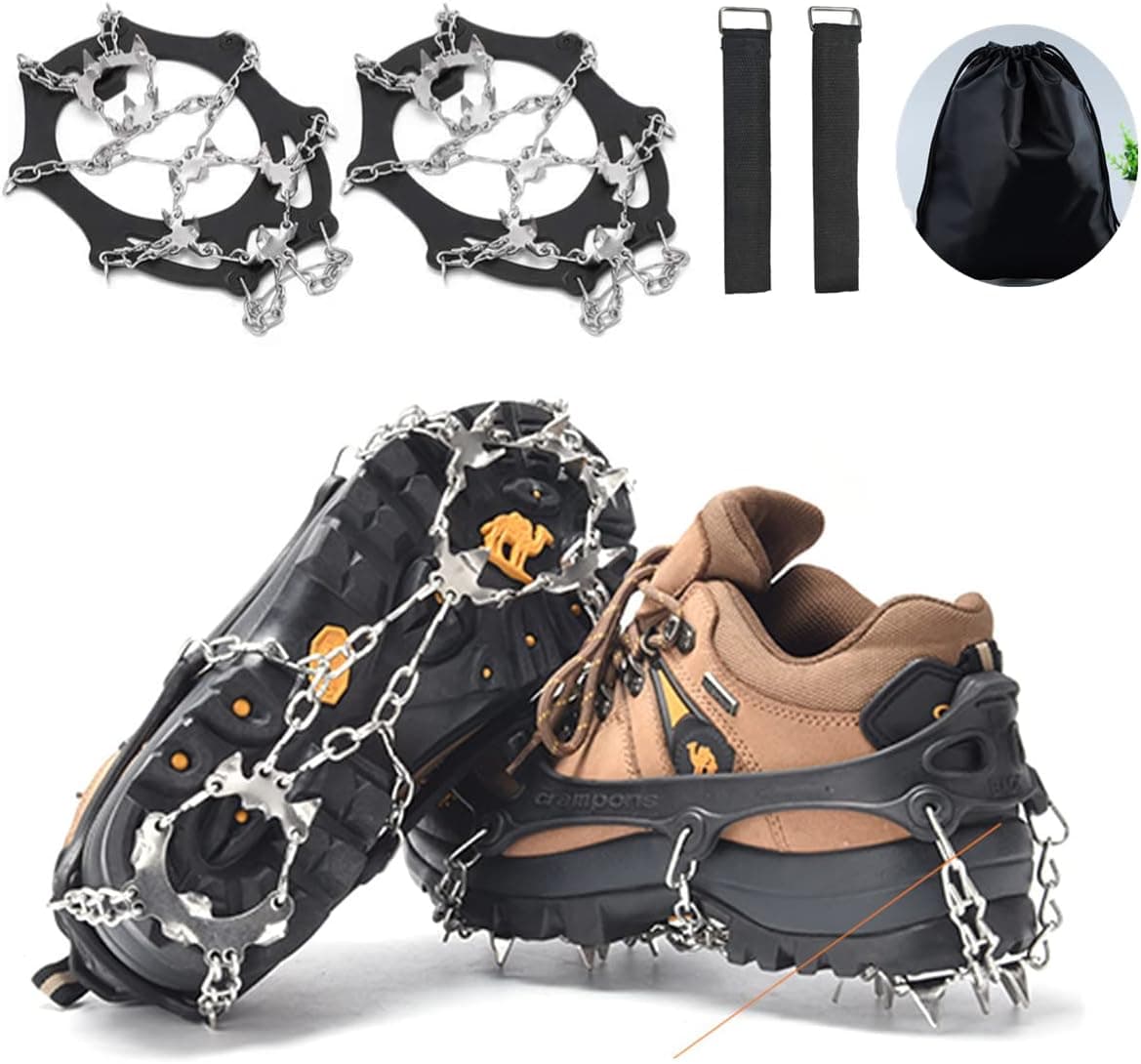 Ice Cleats, 24-Spikes Crampons for Men or Women, Abrasion Resistant 201 Stainless Steel, Tensioning Straps, Storage Bag for Hiking Climbing Fishing XL
