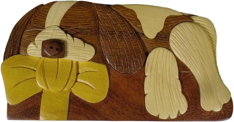 Dog with Bow Puppy Sleeping Hand-Carved Puzzle Box with No Paints! No Stains! Hidden Felt Lined Interior That hides Jewelry, Gift Cards, or Money. No Two Will Ever be Identical! Pet Carvers