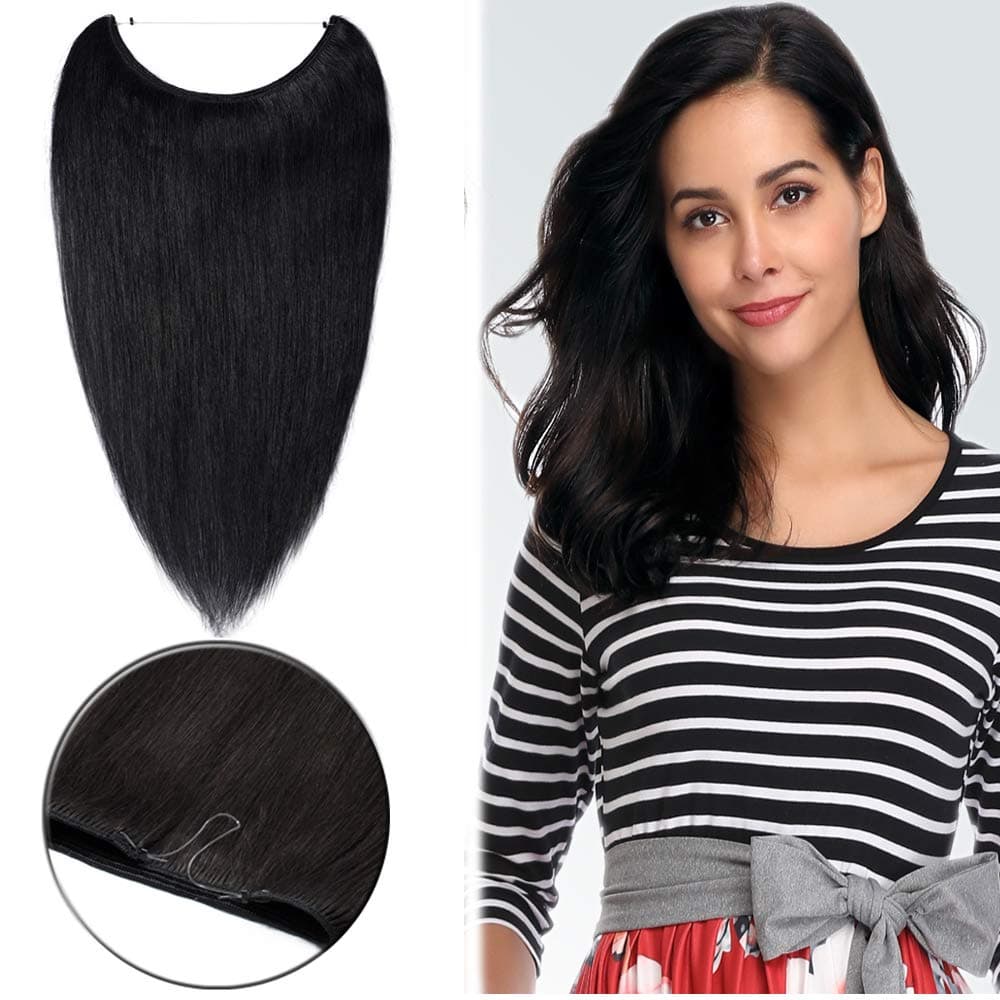 16 Inch Long Wire Extensions 100% Human Hair for Women #1 Jet Black Secret Fish Line Hairpieces Straight 60g Thin Invisible Hair Extensions No Glue No Clip