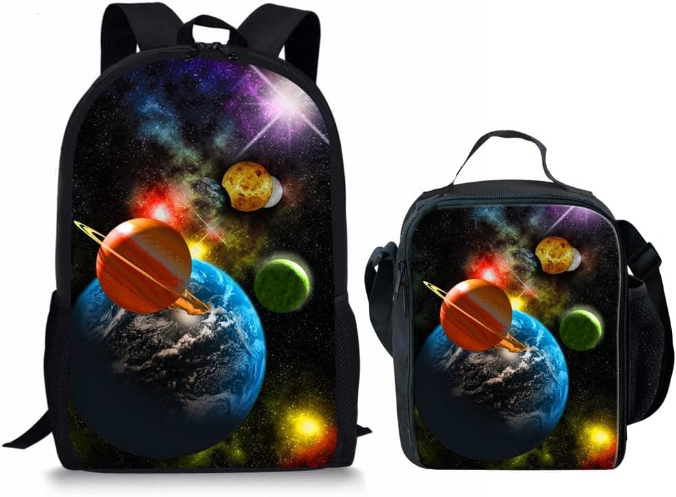 HUGS IDEA 2 Pcs Planet Printing Backpack for Kids School Shoulder Bag Lunchbag