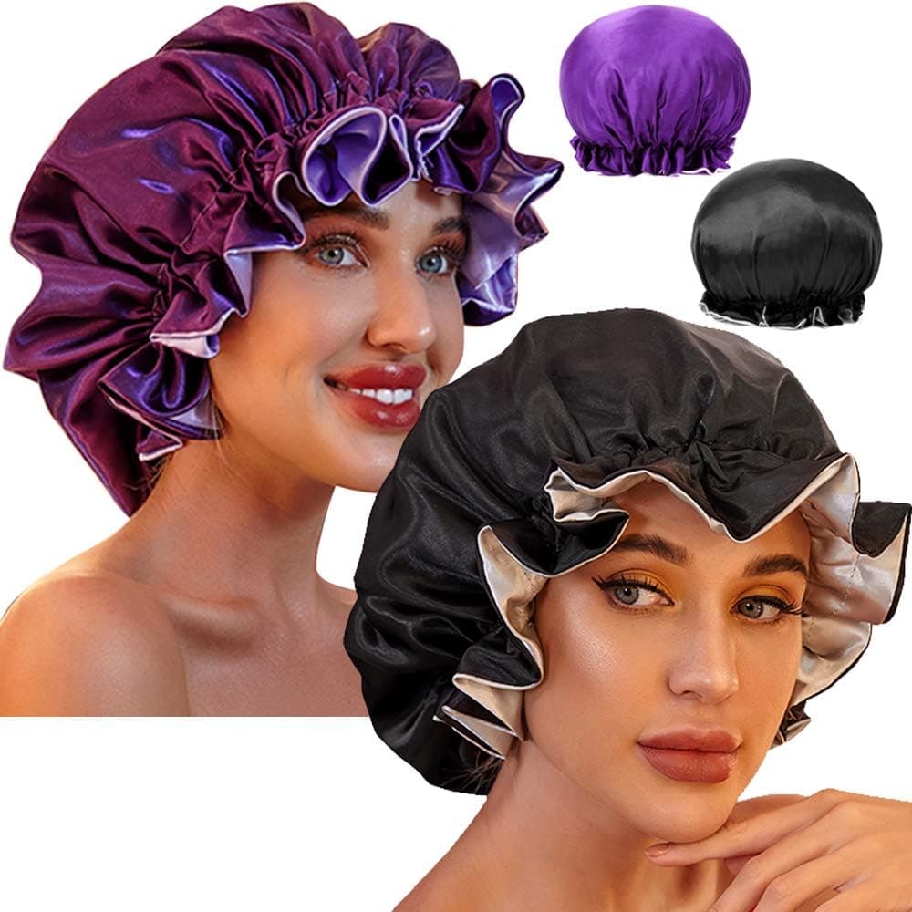 Satin Bonnet for Women, Silk Bonnets for Curly Hair Bonnets for Black Women Satin Bonnet Sleep Cap (Purple/Black)